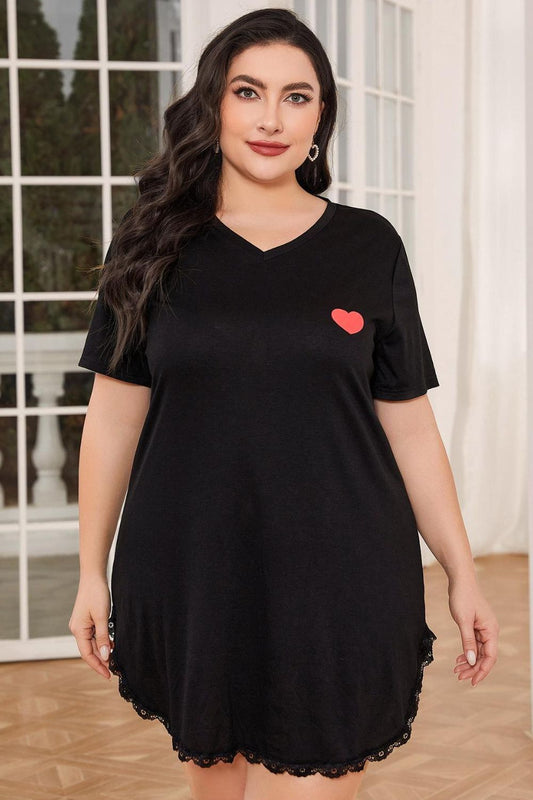 Women Plus Size Lace Trim V-Neck Short Sleeve Night Dress
