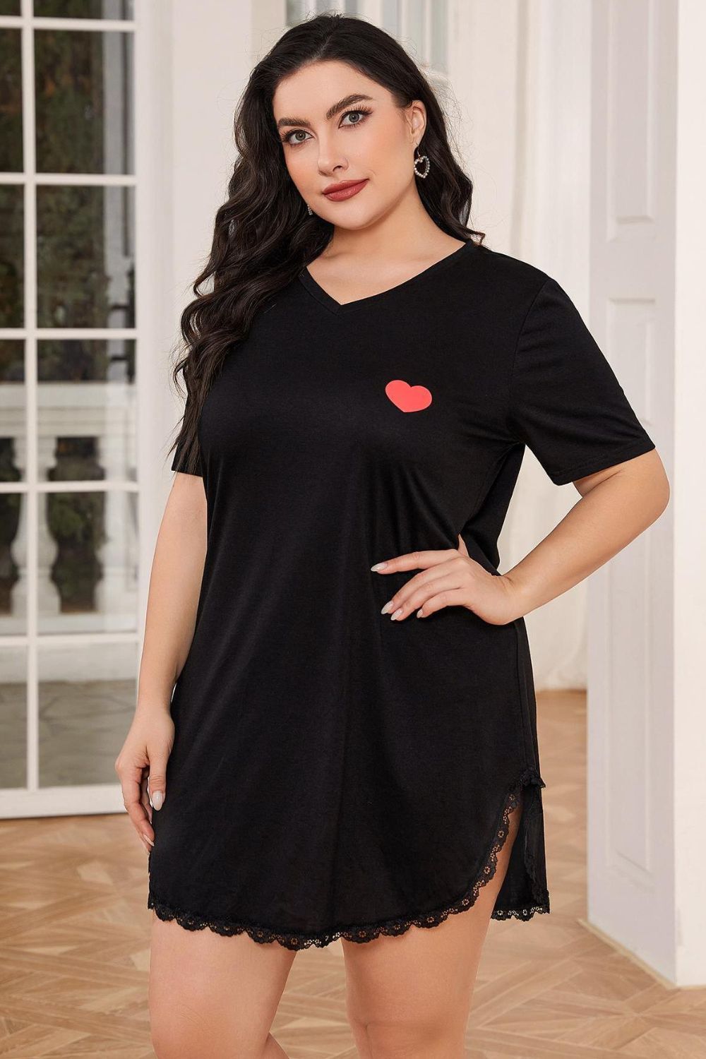 Women Plus Size Lace Trim V-Neck Short Sleeve Night Dress