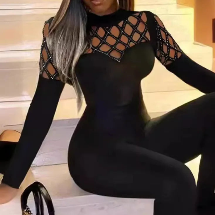 Women's Elegant Sexy Rhinestone Cutout Flare Leg Skinny Long Jumpsuit
