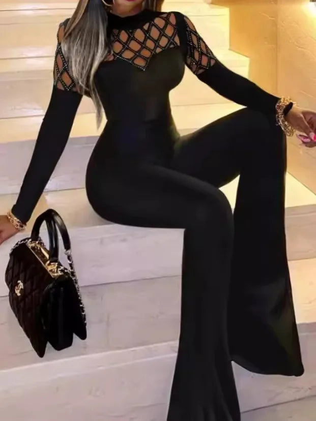 Women's Elegant Sexy Rhinestone Cutout Flare Leg Skinny Long Jumpsuit
