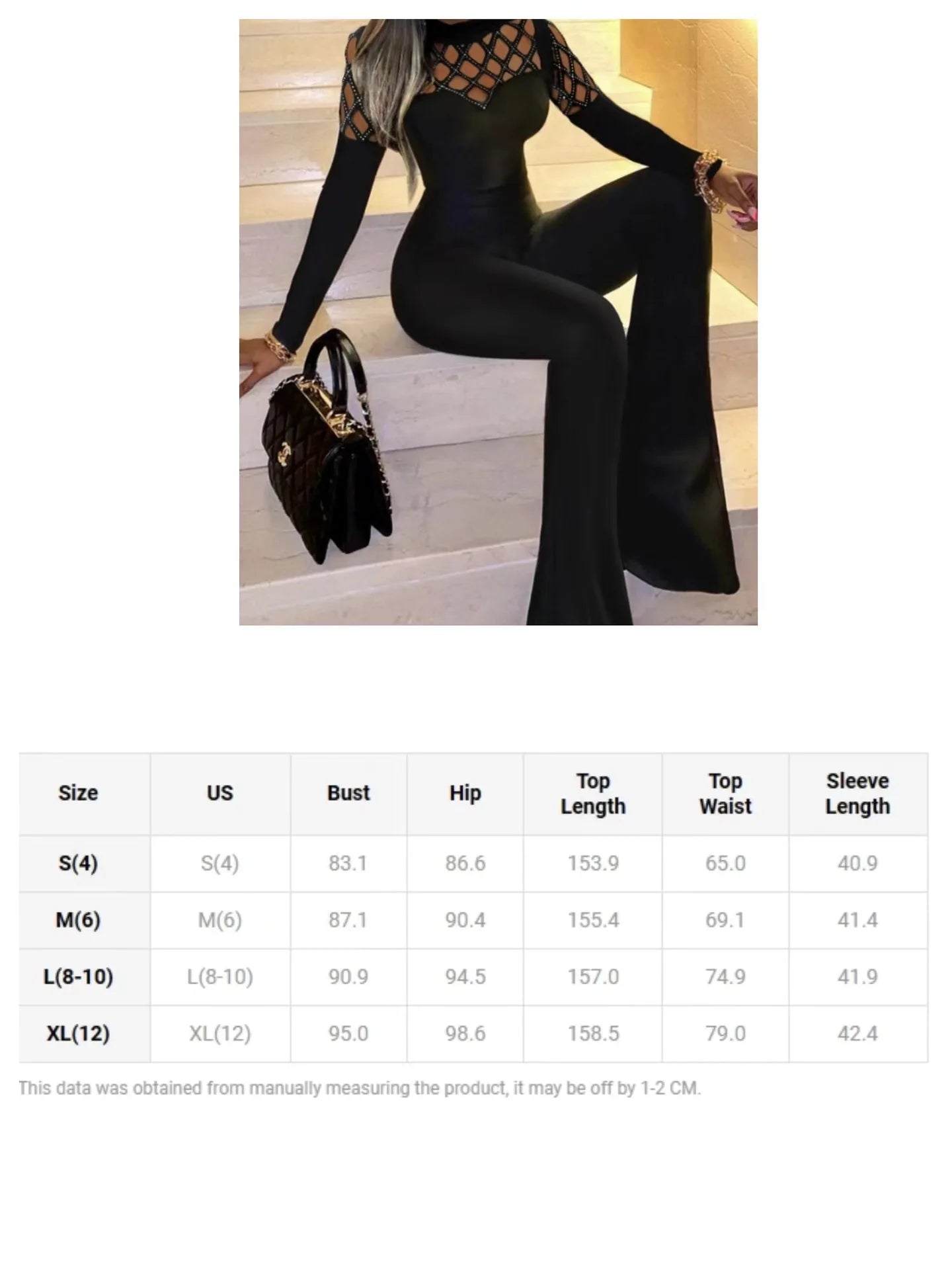 Women's Elegant Sexy Rhinestone Cutout Flare Leg Skinny Long Jumpsuit