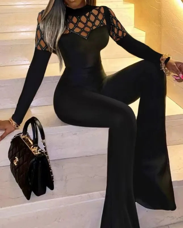 Women's Elegant Sexy Rhinestone Cutout Flare Leg Skinny Long Jumpsuit