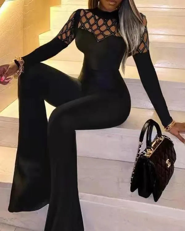Women's Elegant Sexy Rhinestone Cutout Flare Leg Skinny Long Jumpsuit