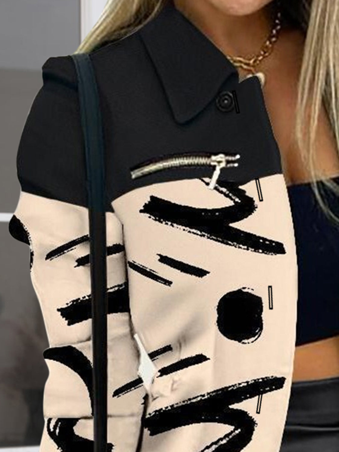 Women's Fashion Printed Button Up Zip Detail Trendy Jacket