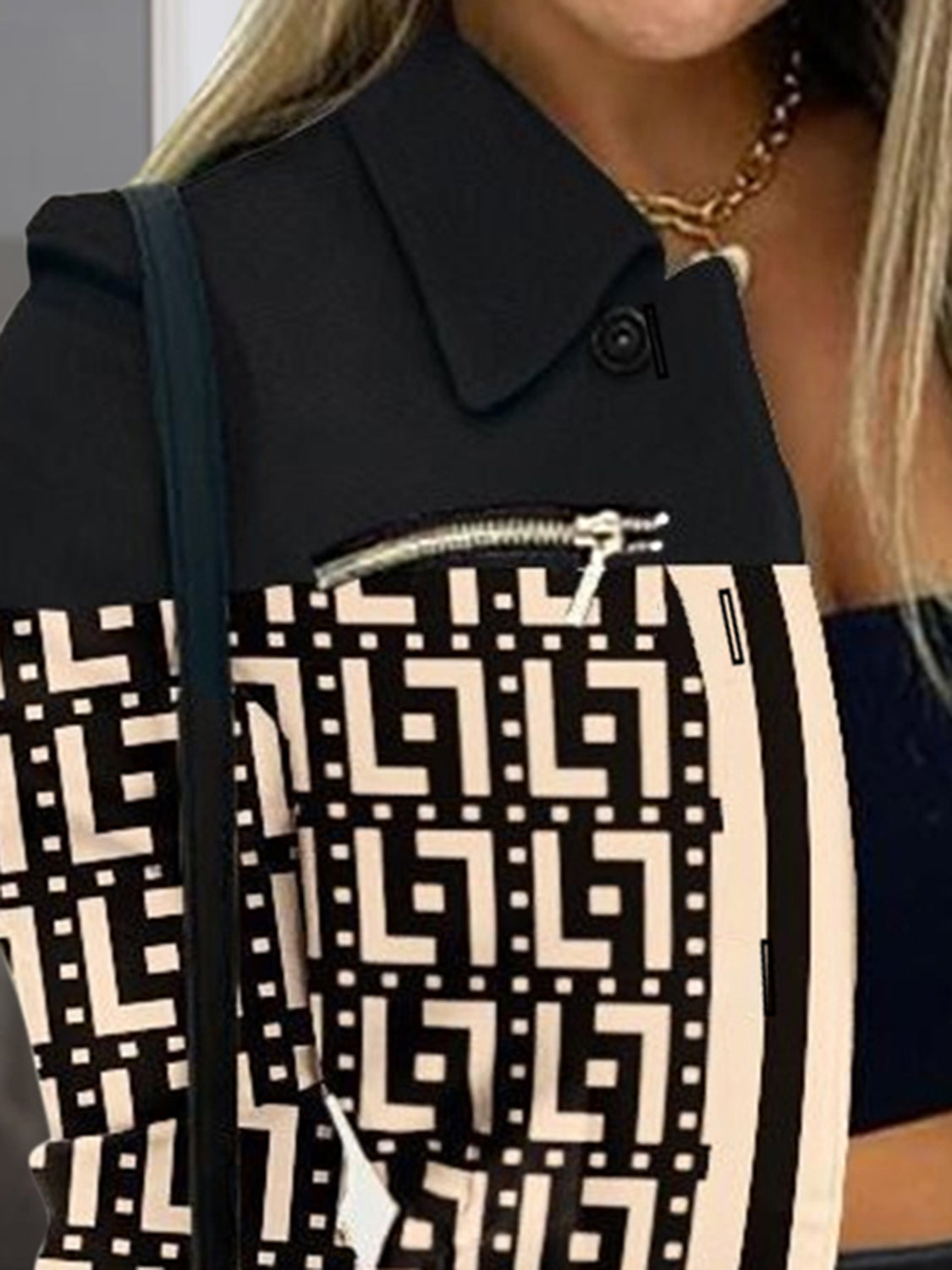 Women's Fashion Printed Button Up Zip Detail Trendy Jacket