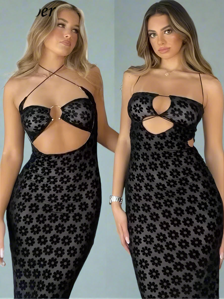 Two models wearing black floral-patterned dresses with cut-out designs.