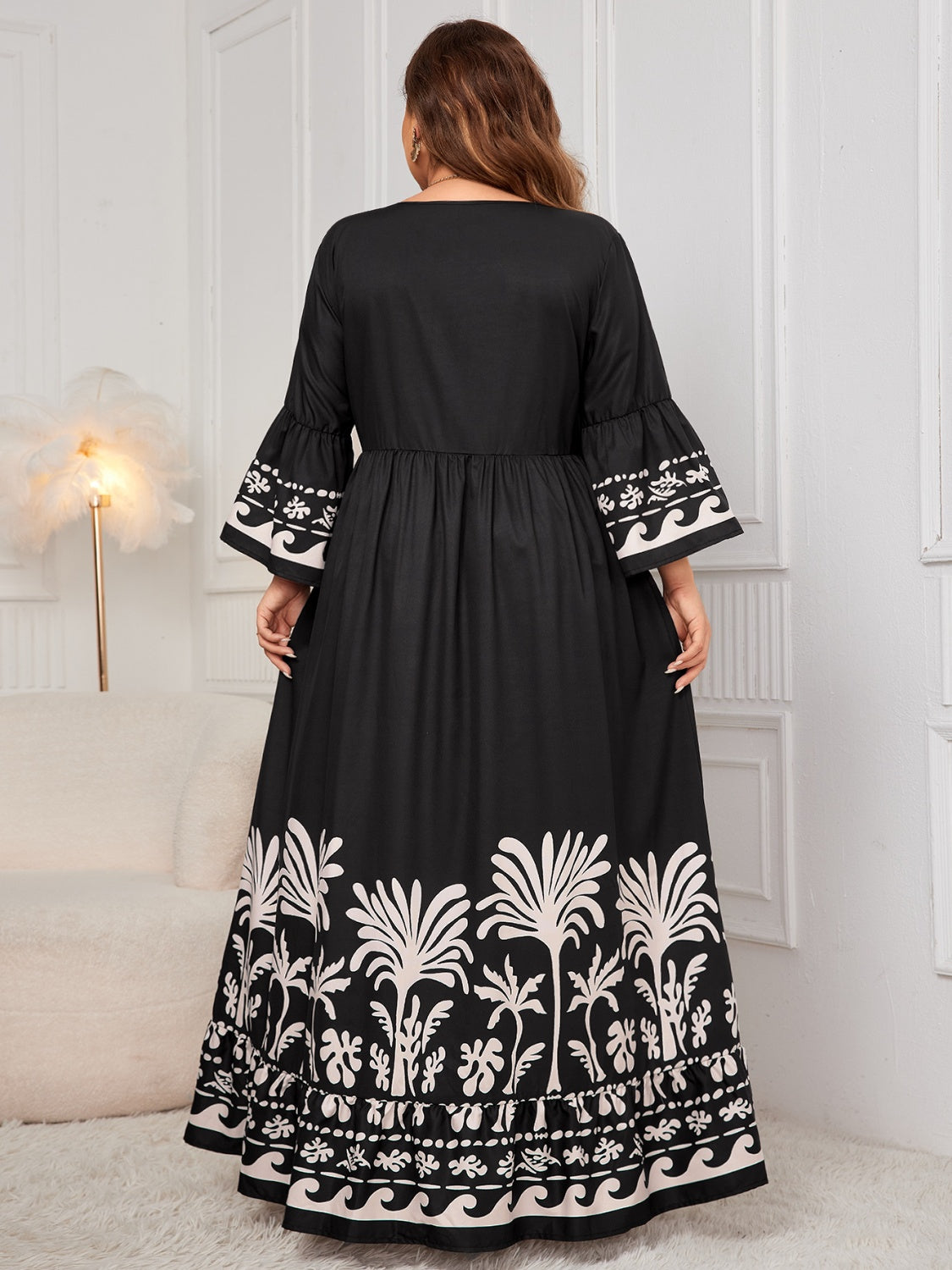 Women's Plus Size Floral Printed V-Neck Long Sleeve Maxi Dress