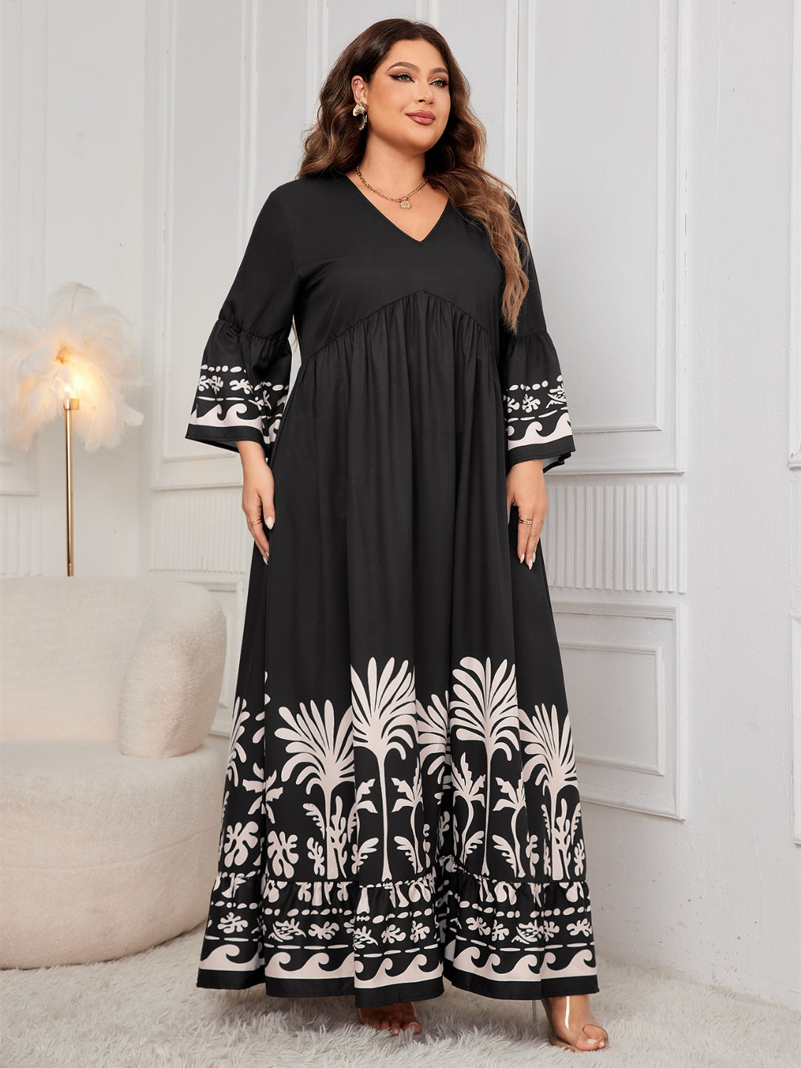 Women's Plus Size Floral Printed V-Neck Long Sleeve Maxi Dress