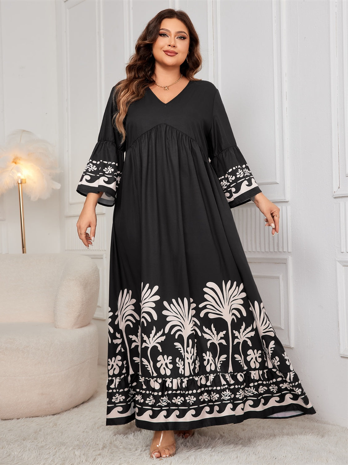 Women's Plus Size Floral Printed V-Neck Long Sleeve Maxi Dress