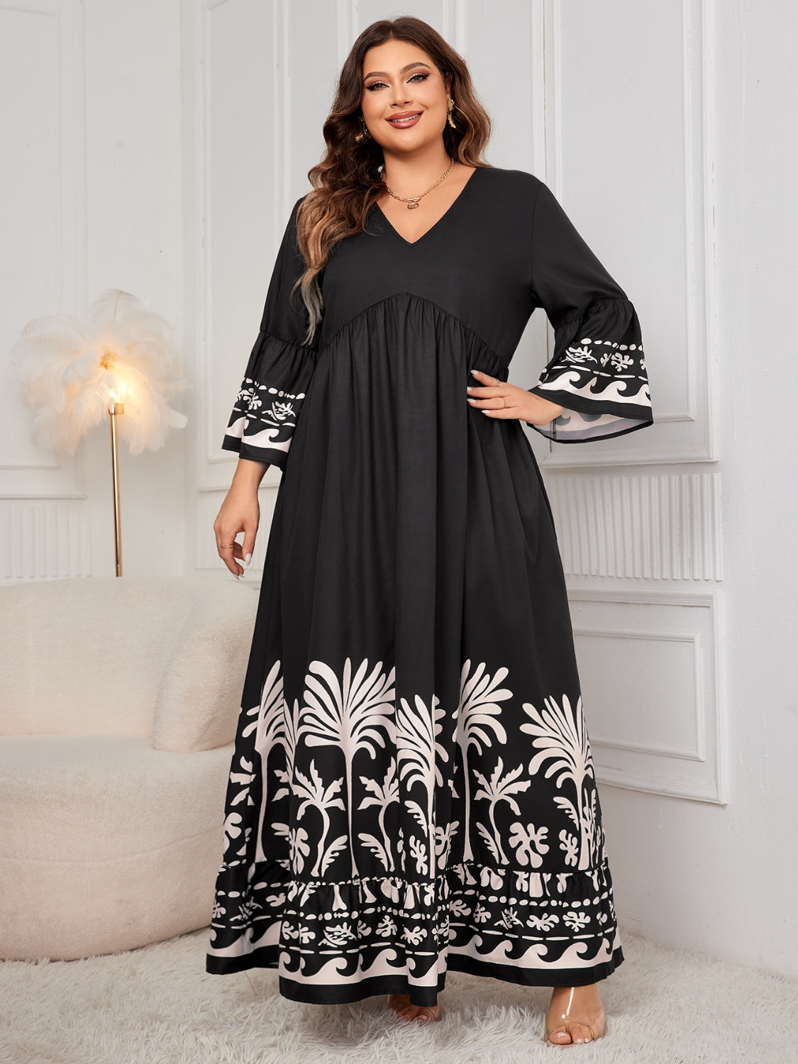 Women's Plus Size Floral Printed V-Neck Long Sleeve Maxi Dress