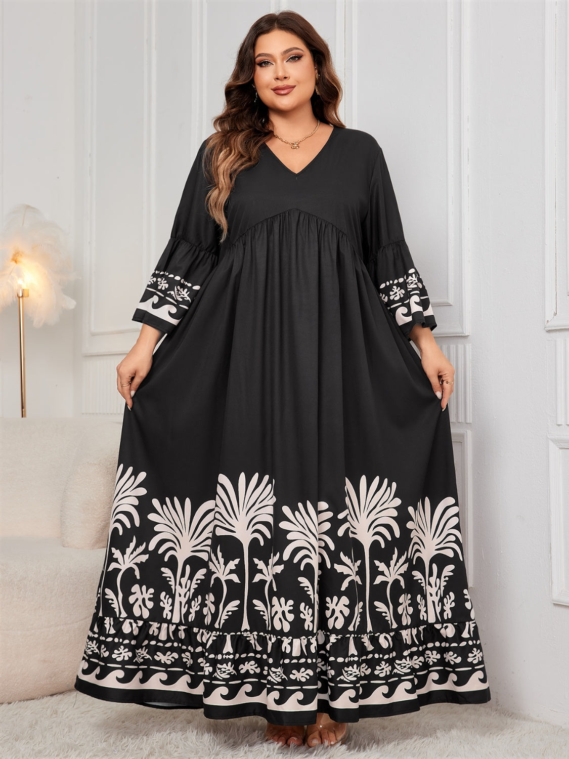 Women's Plus Size Floral Printed V-Neck Long Sleeve Maxi Dress