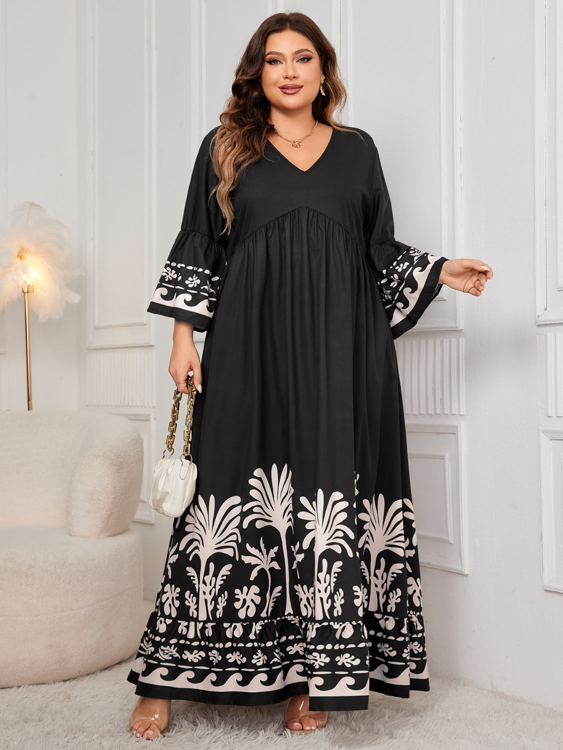 Women's Plus Size Floral Printed V-Neck Long Sleeve Maxi Dress