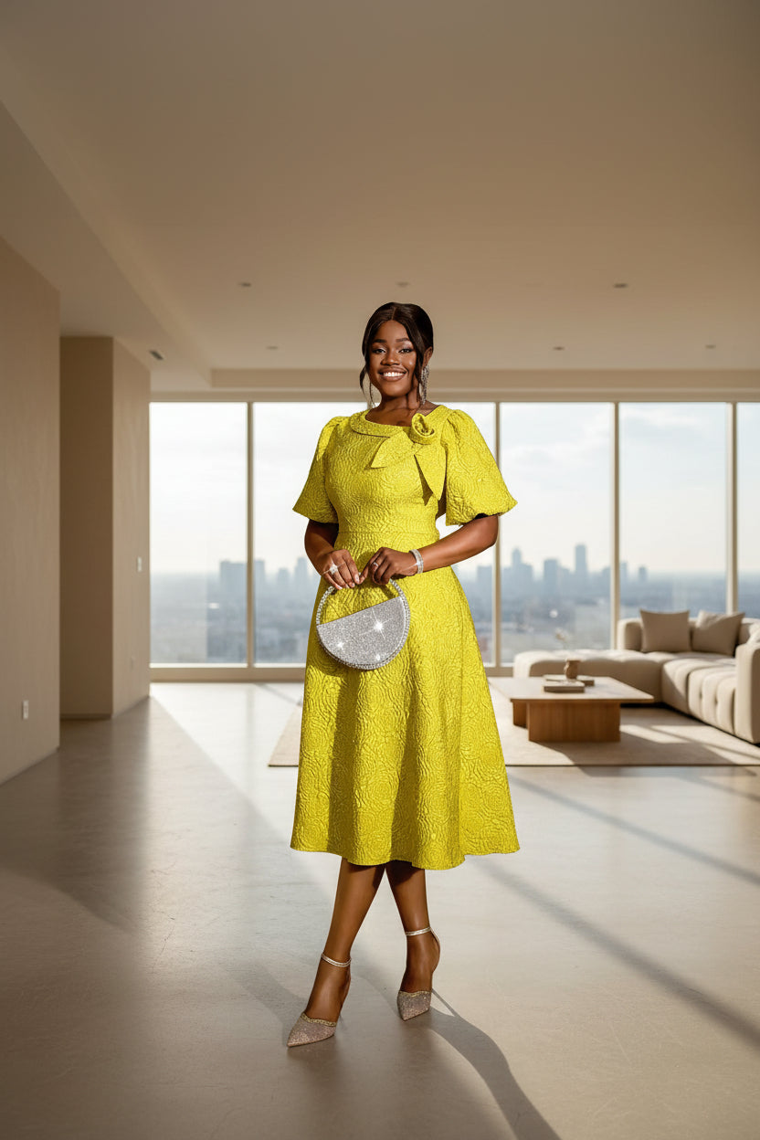 Woman in a yellow dress holding a silver clutch in a dimly lit room.