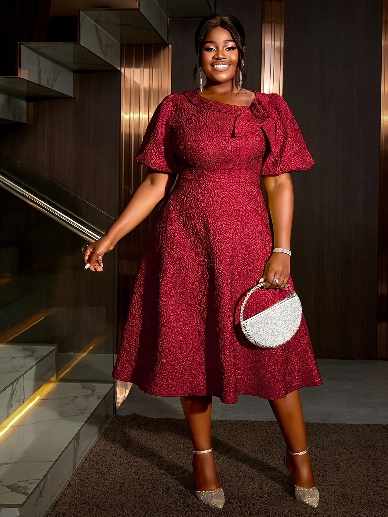Women's Plus Size Rose Jacquard Flared Sleeve A-Line Short Dress