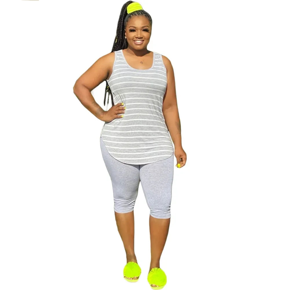 Women's Plus Size Sport two-piece set, Tracksuit Striped Tank Tops