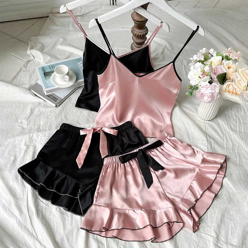 Women's Satin Pajamas V-Neck T-Shirt Ruffled Edges And Bow Shorts Set