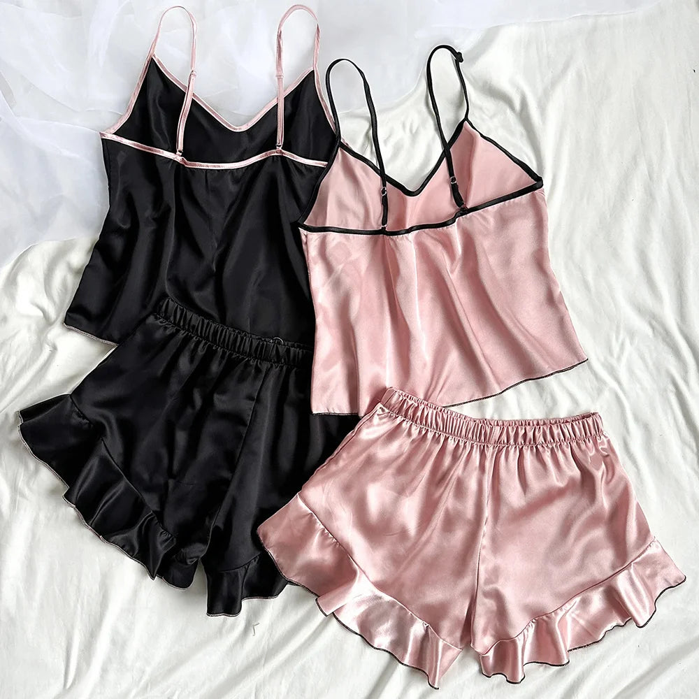 Women's Satin Pajamas V-Neck T-Shirt Ruffled Edges And Bow Shorts Set