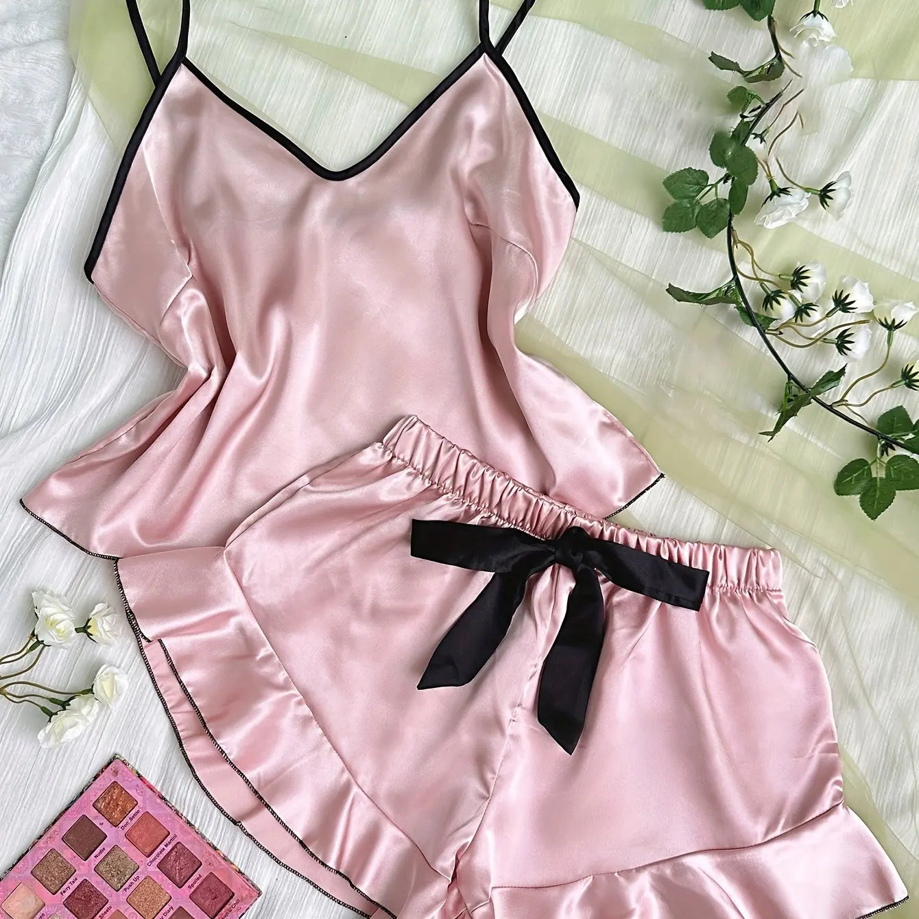Women's Satin Pajamas V-Neck T-Shirt Ruffled Edges And Bow Shorts Set