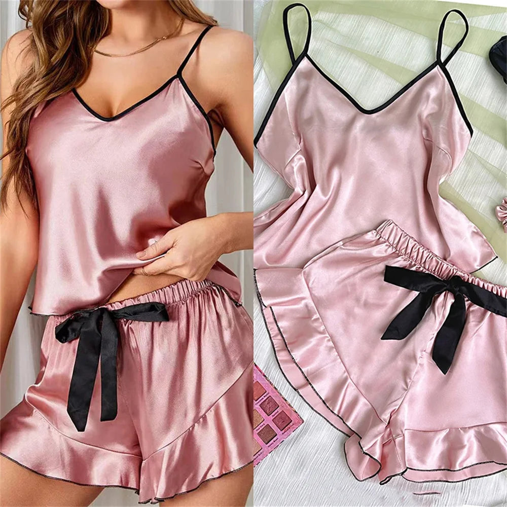 Women's Satin Pajamas V-Neck T-Shirt Ruffled Edges And Bow Shorts Set