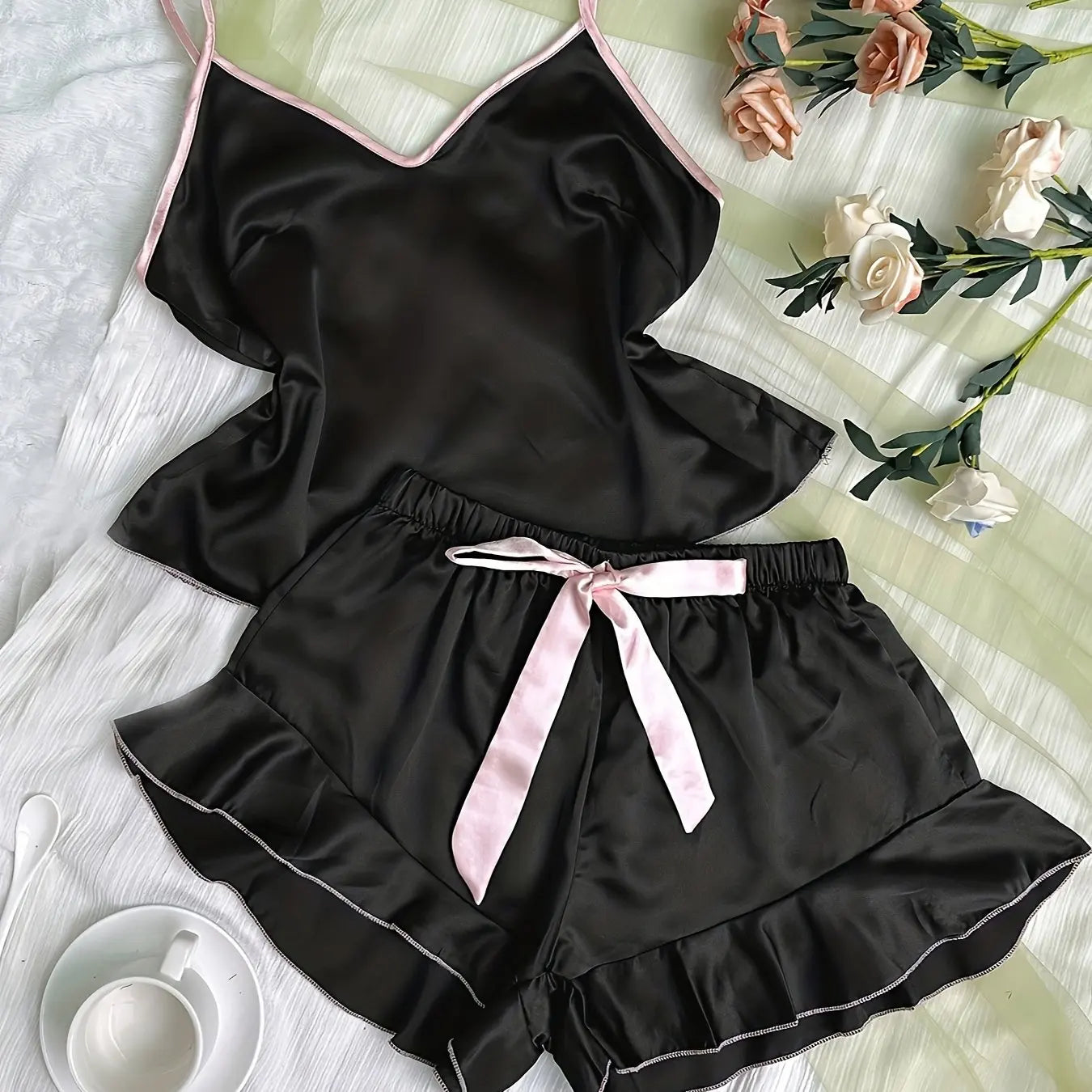 Women's Satin Pajamas V-Neck T-Shirt Ruffled Edges And Bow Shorts Set