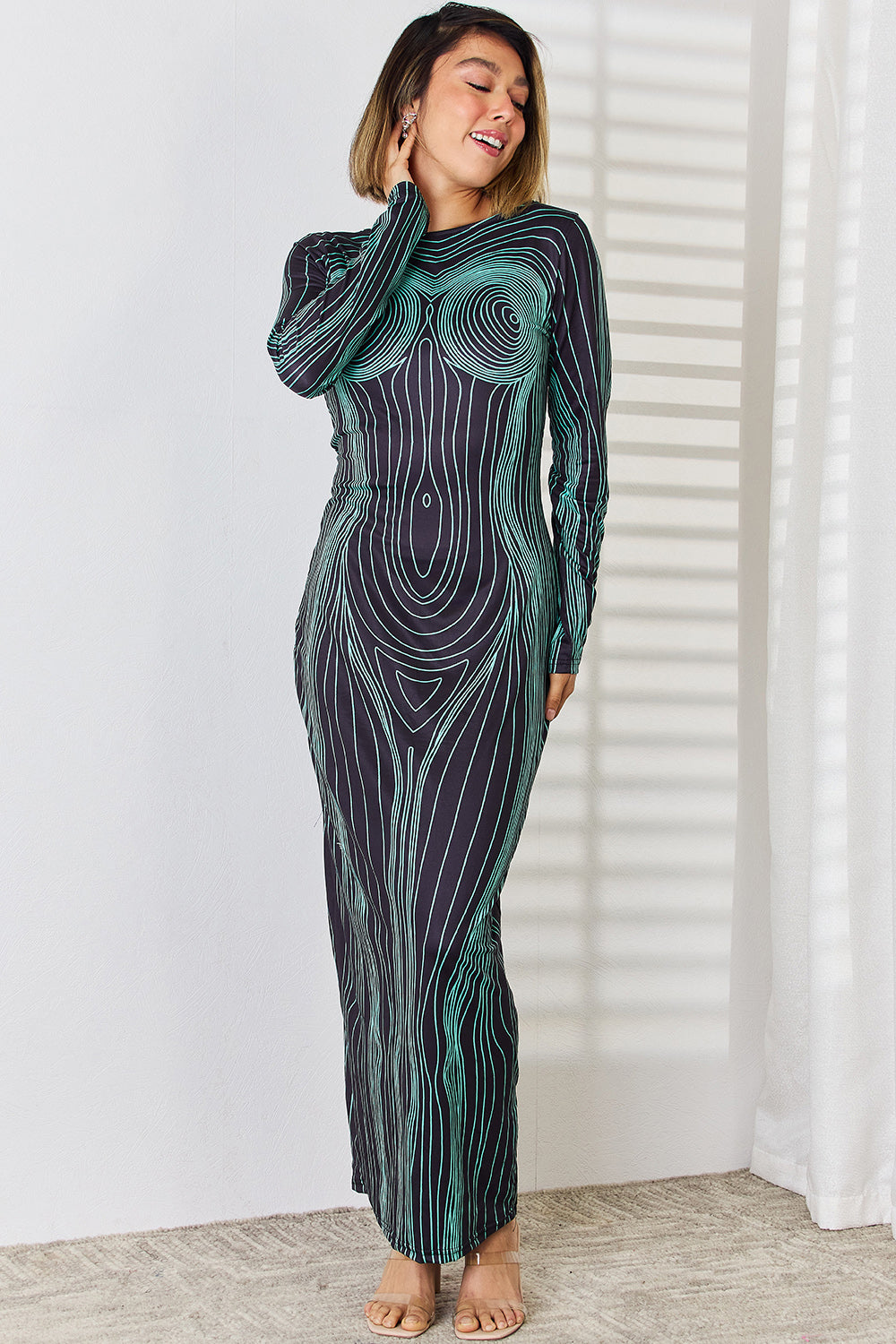 Women Fashion Cutout Round Neck Long Sleeve Maxi Dress