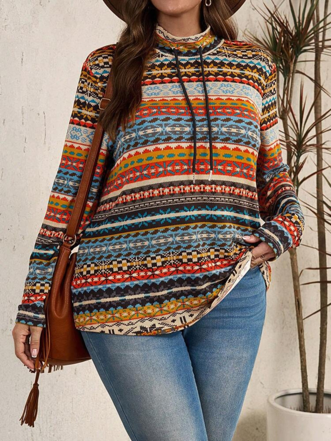 Plus Size Drawstring Printed Mock Neck Long Sleeve Top Pullover