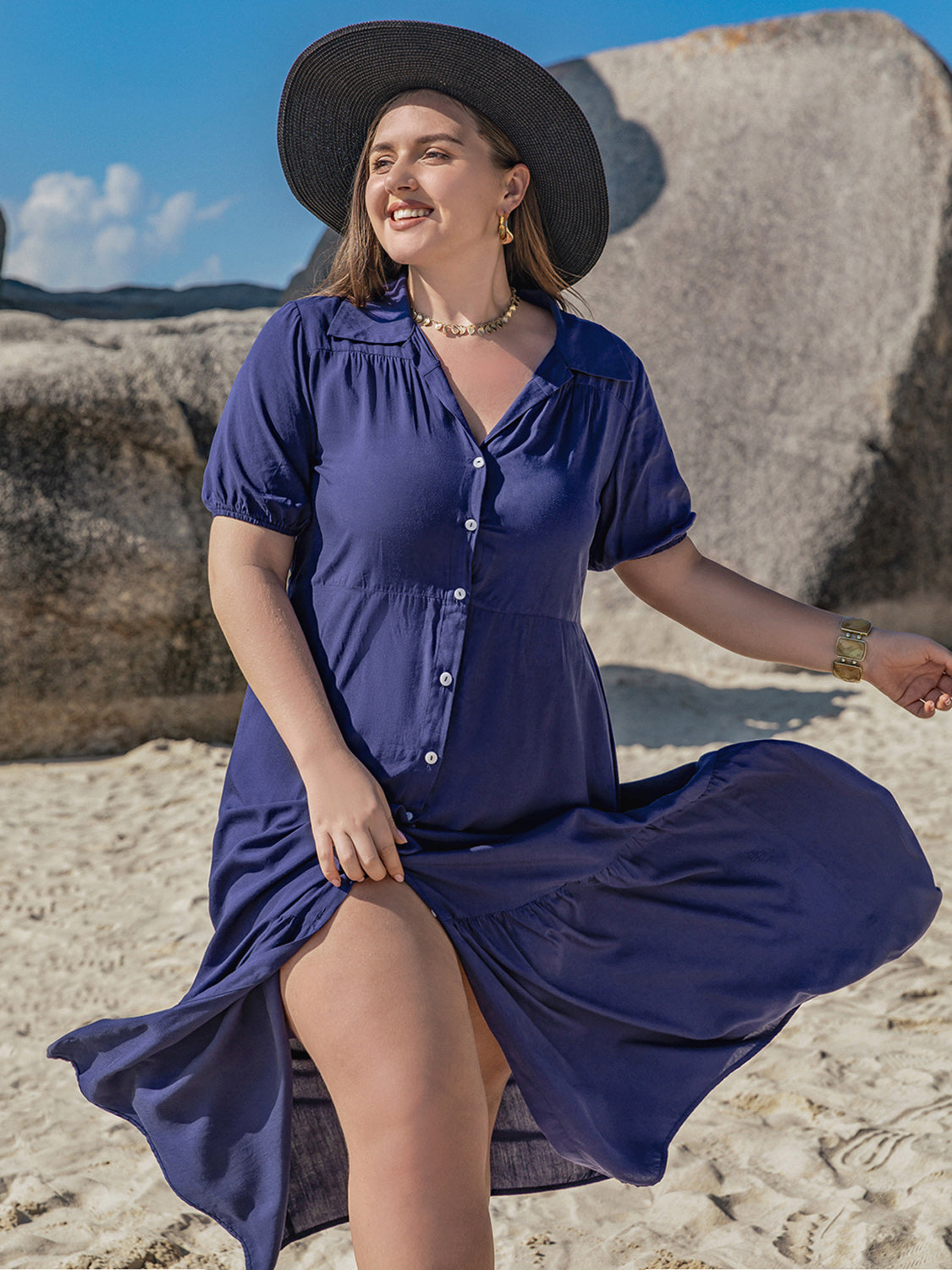 Ladies Casual Plus Size Collared Neck Short Sleeve Midi Dress