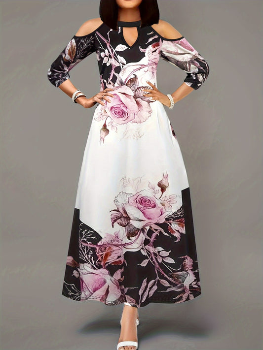 Women Plus Size Cutout Printed Cold Shoulder Dress