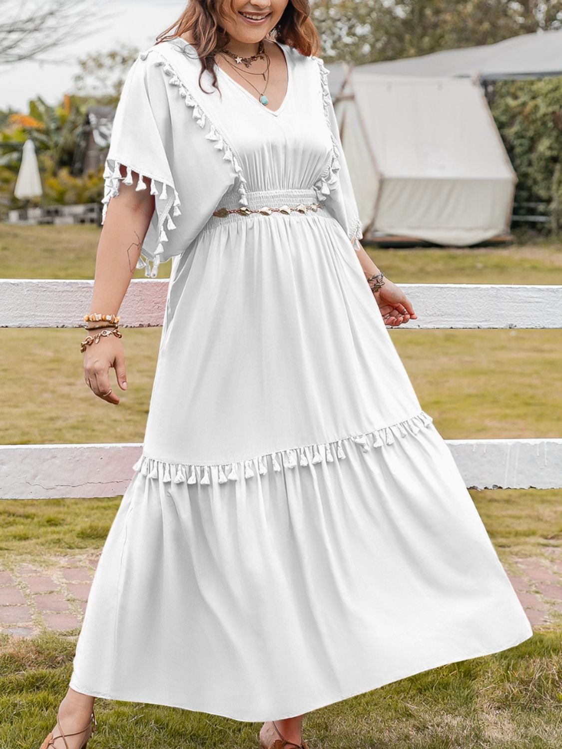 Ladies Plus Size Tassel Smocked V-Neck Half Sleeve Dress