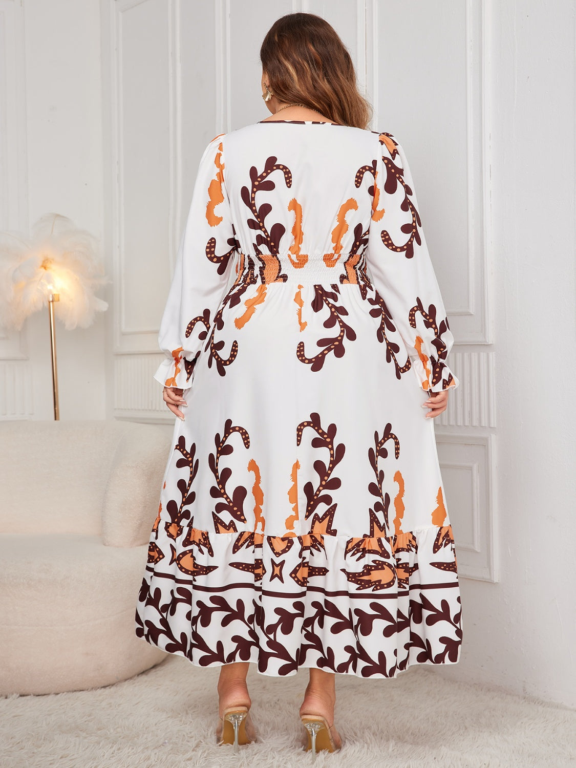 Women Fashion Plus Size Printed Surplice Flounce Sleeve Dress