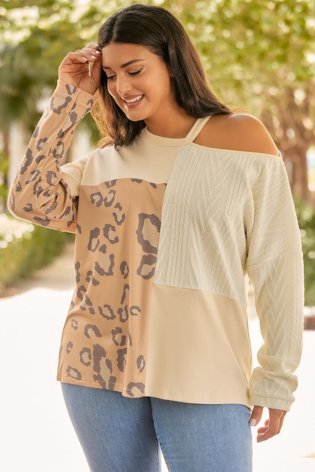 Plus Size Leopard Color Block Long Sleeve T-Shirt for Women