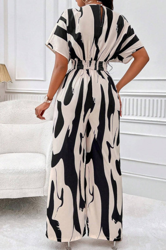 Women Printed V Neck Long Lantern Sleeves Lace Up Wide Leg Jumpsuit