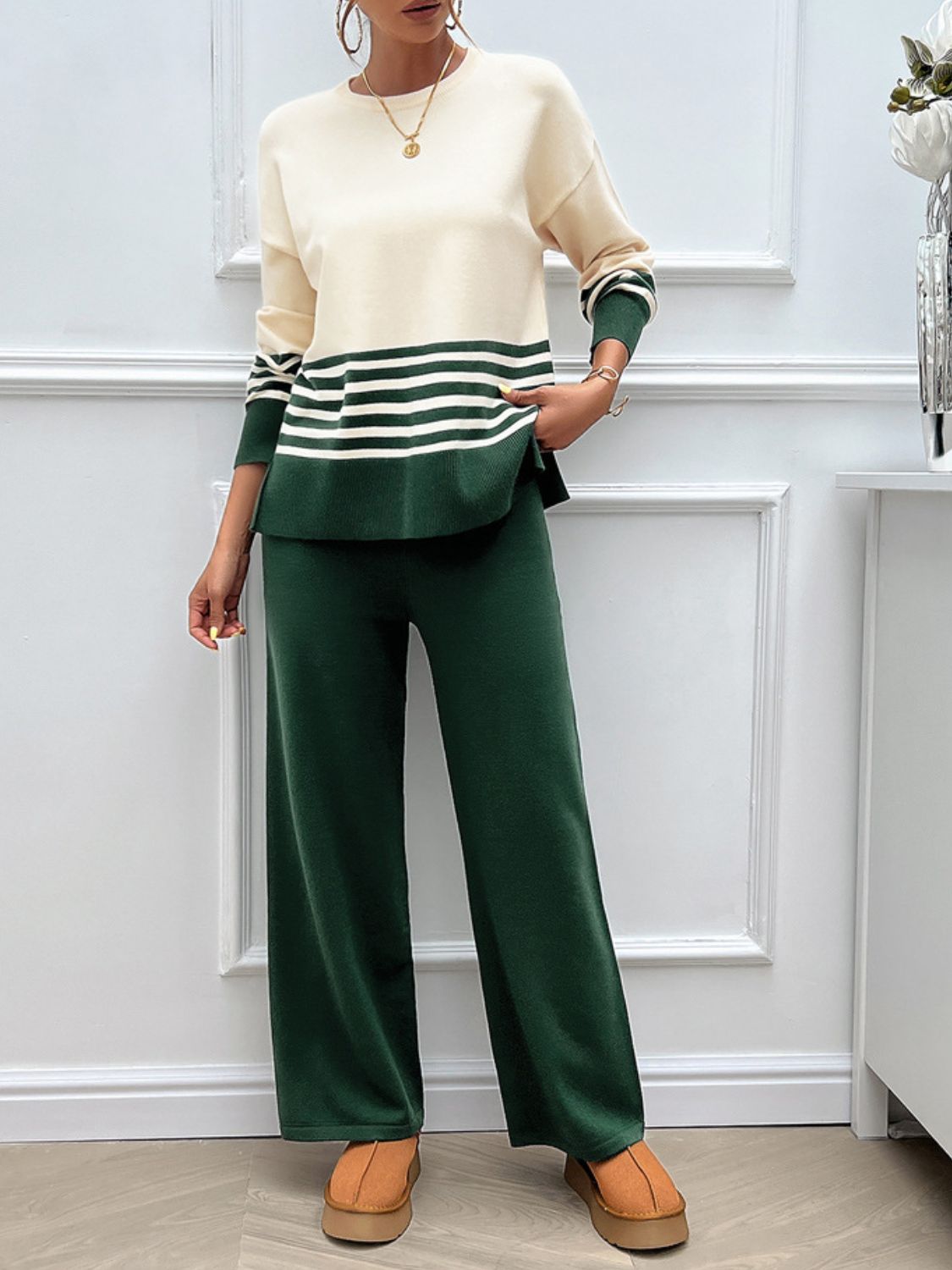 Women Dress Slit Striped Round Neck Top and Pants Sweater Set