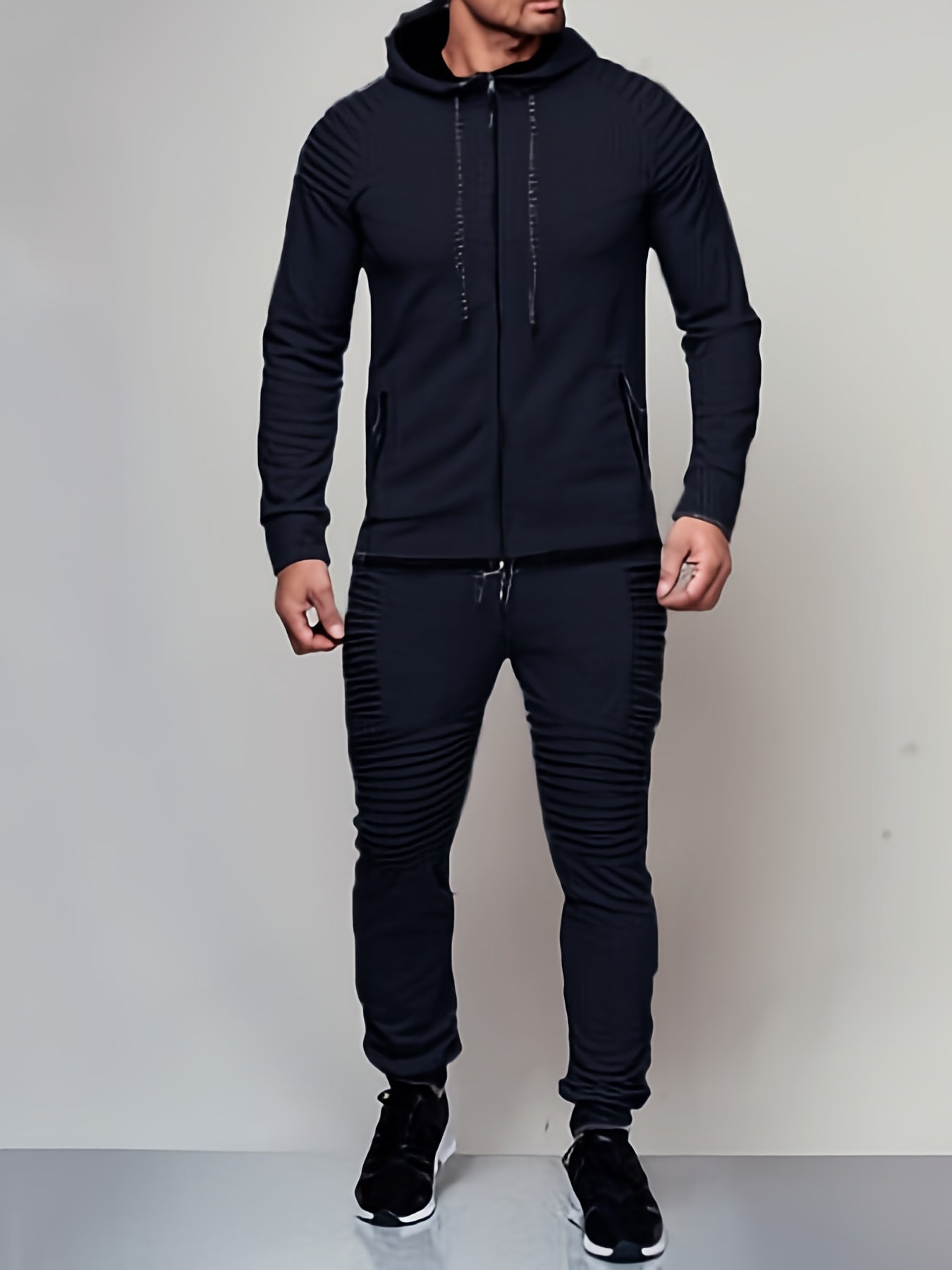 Men Casual Outfit Set, Hoodie Zip Pockets Top, Straps Pants, Sweatsuits