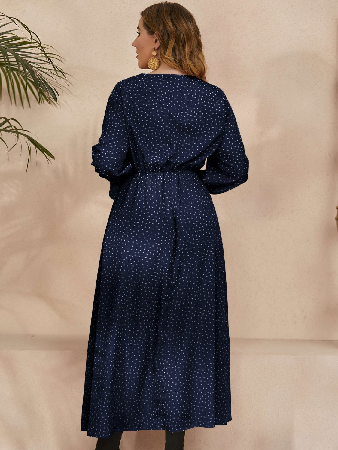 Women Plus Size Ruffled Polka Dot Long Sleeve Midi Dress