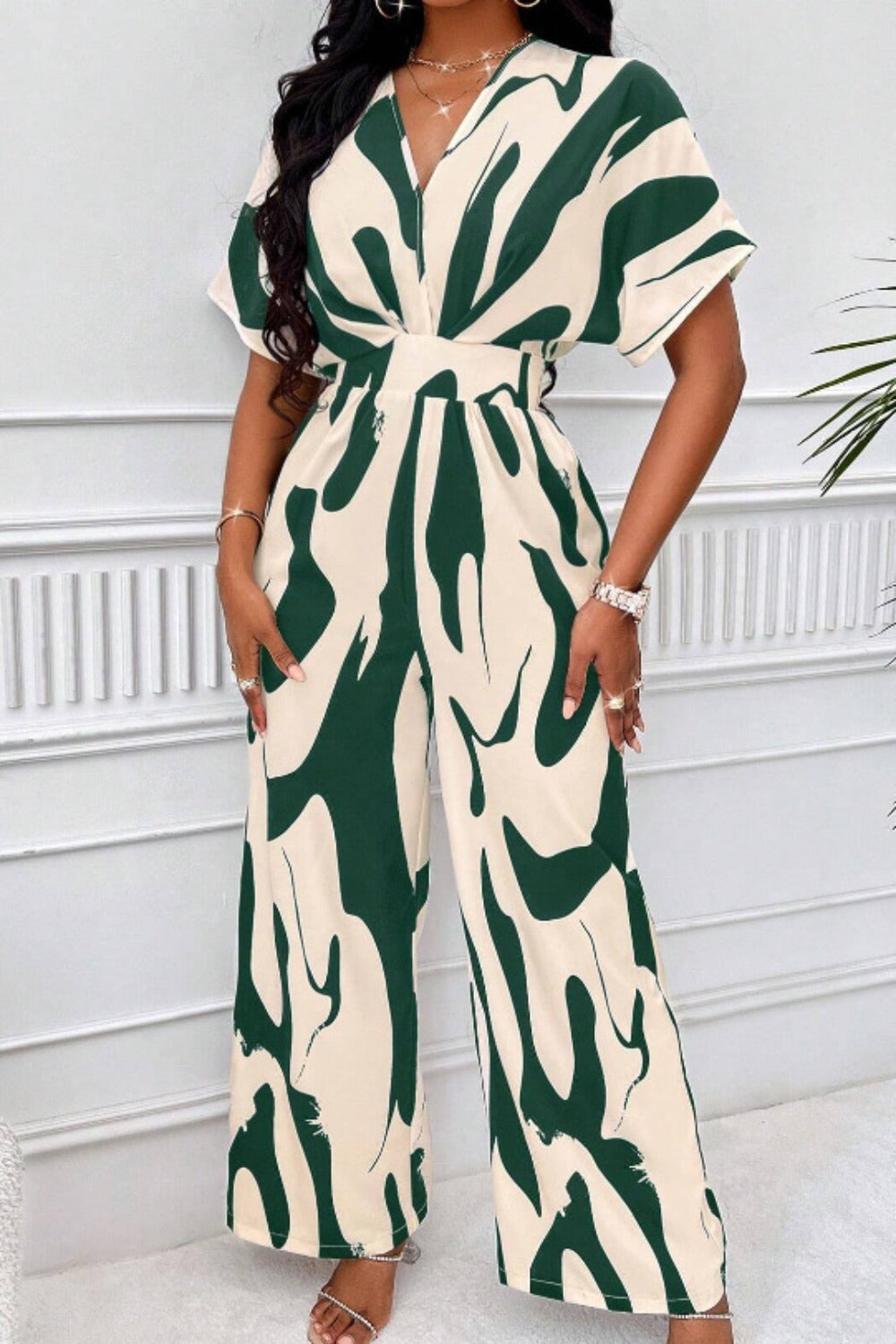 Women Printed V Neck Long Lantern Sleeves Lace Up Wide Leg Jumpsuit