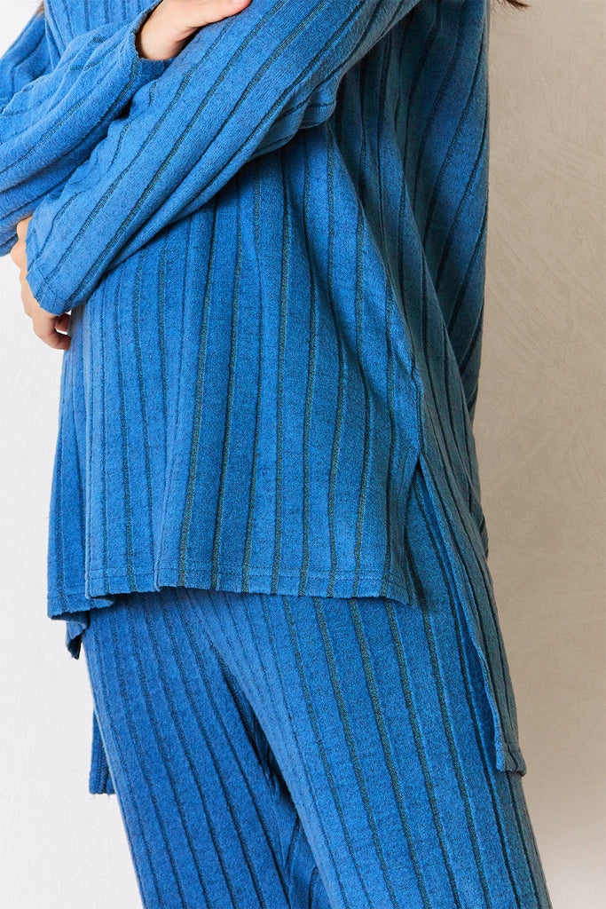 Two-piece Full Size Ribbed Round Neck High-Low Slit Top and Pants Set