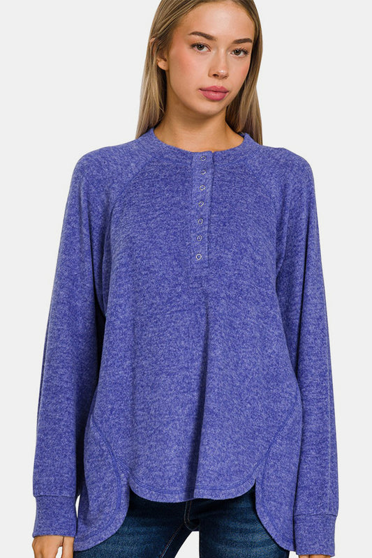 Full Size Brushed Hacci neck Gauze Top High-Low Sweater