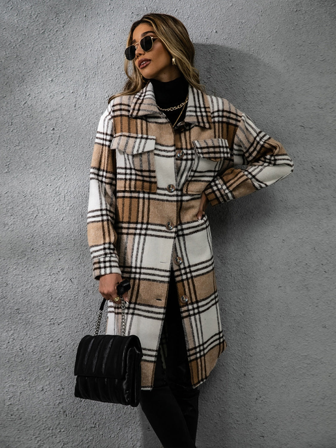 Women Classic Plaid Collared Neck Long Sleeve Stylish Coat Dress