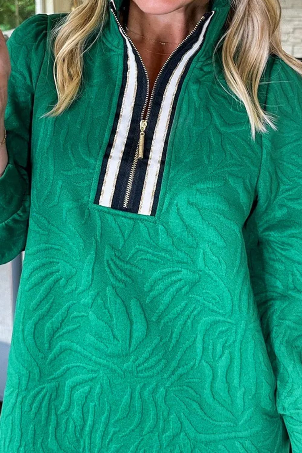 Elegant Texture Quarter Zip Long Sleeve Side Pockets Mini Dress