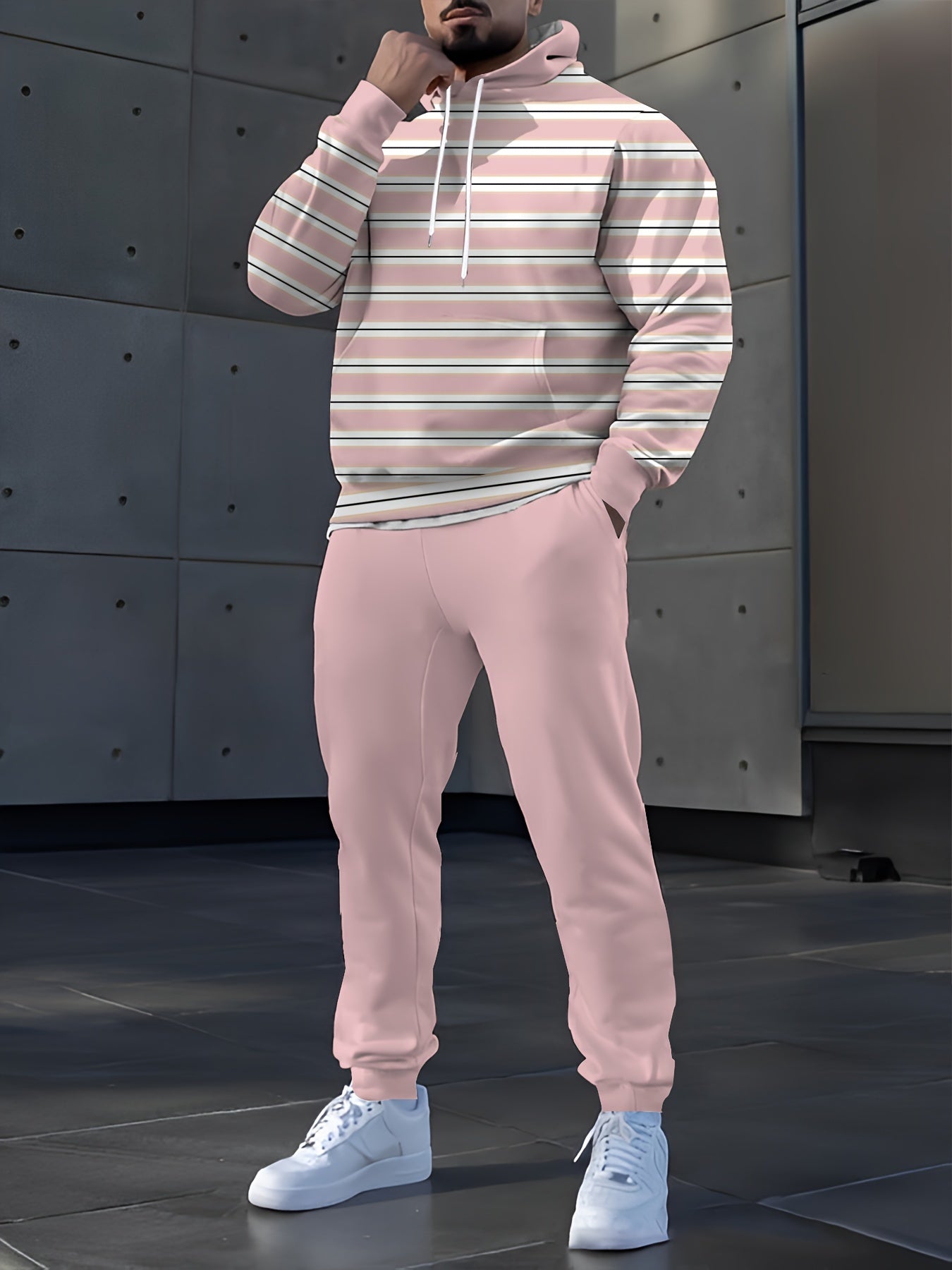 Men's Casual Striped Hoodie and Sweatpants Set, Knit Dress Pullover