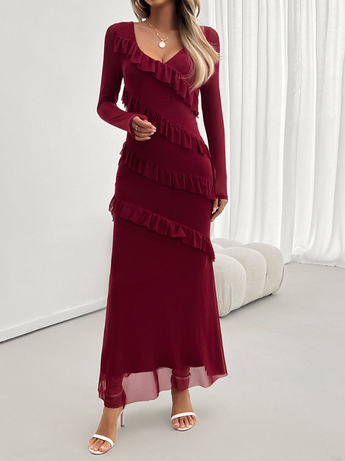 Ruffled Surplice Long Sleeve Maxi Dress for Women