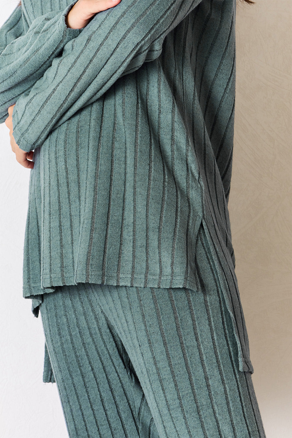 Two-piece Full Size Ribbed Round Neck High-Low Slit Top and Pants Set