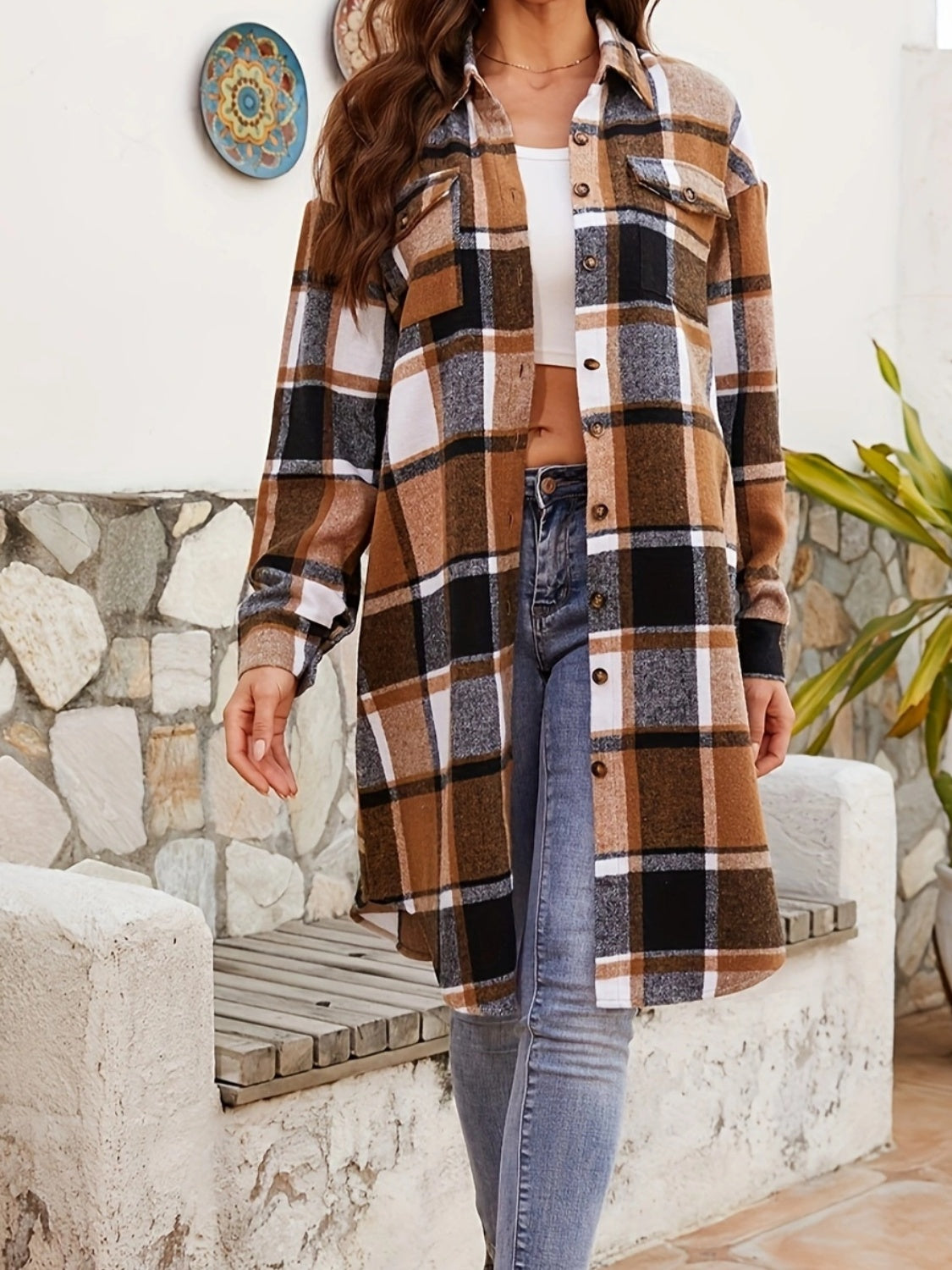 Classic Style with a Modern Twist Plaid Collared Neck Long Sleeve Jacket