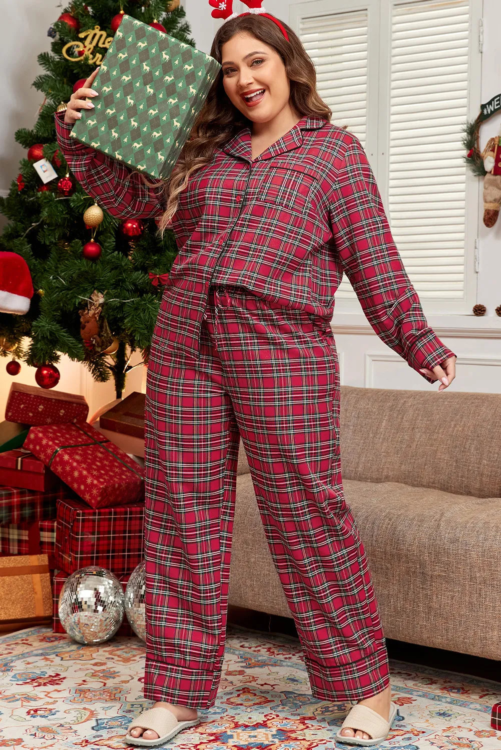 Ladies Pajamas Plus Size Plaid Collared Neck Top and Pants Lounge Set