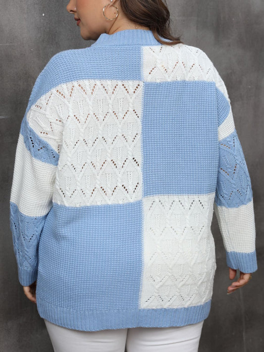 Plus Size Openwork Elegant Color Block Long Sleeve Sweater For Women