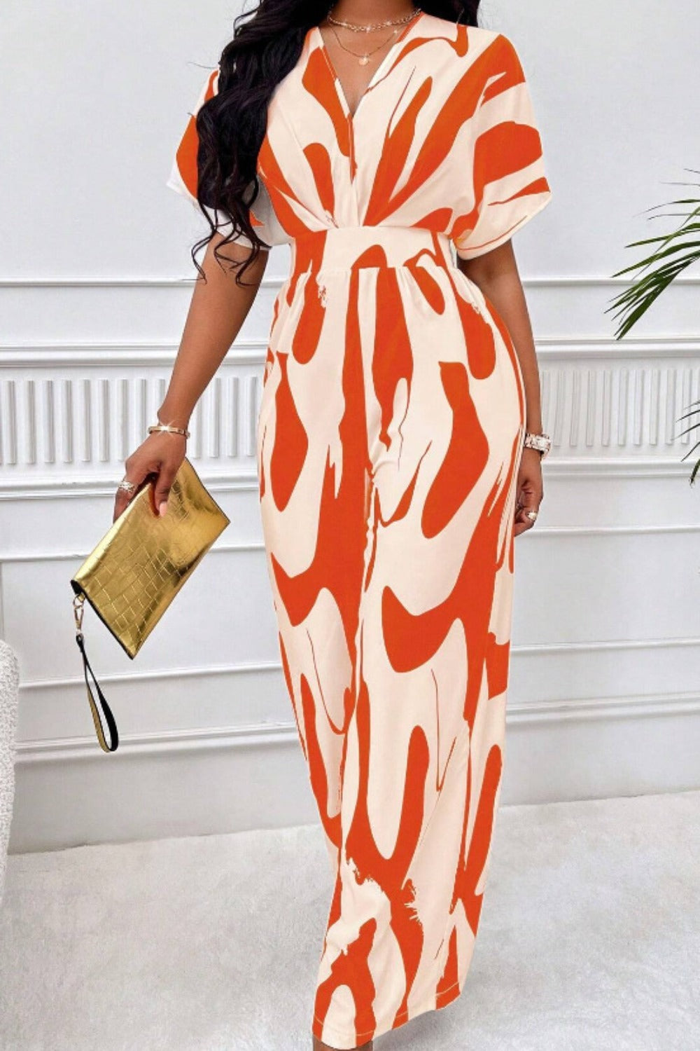 Women Printed V Neck Long Lantern Sleeves Lace Up Wide Leg Jumpsuit