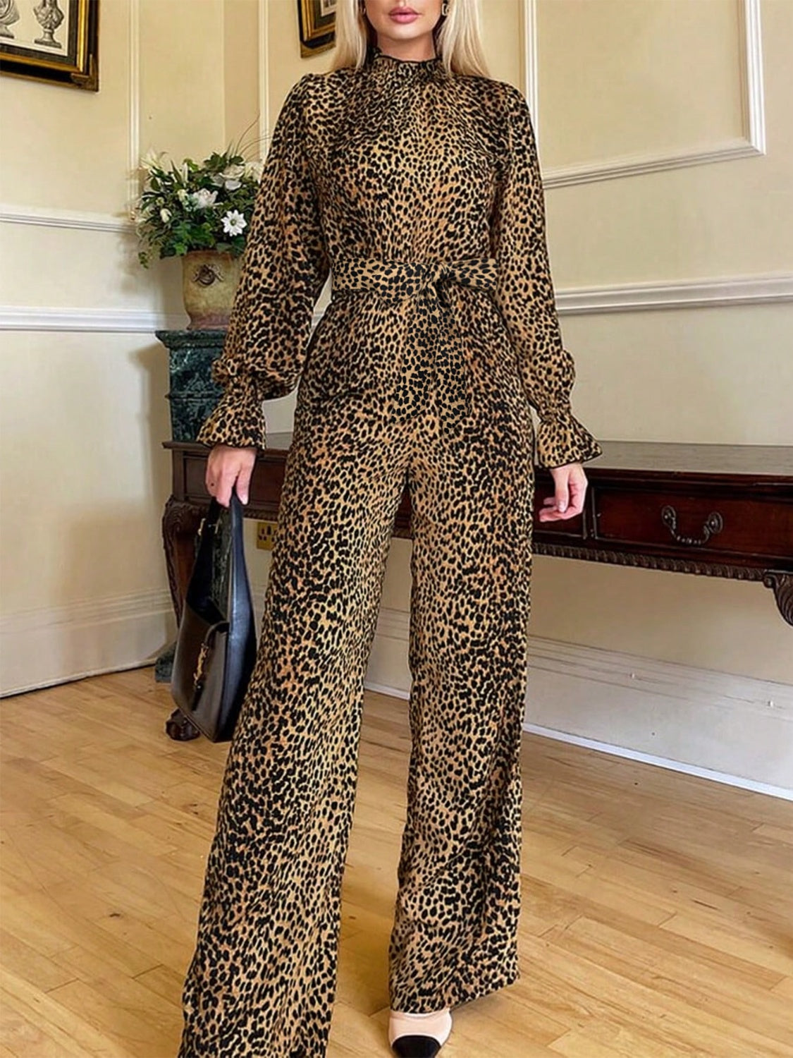 Camouflage Women Leopard Flounce Sleeve Wide Leg Jumpsuit Dress