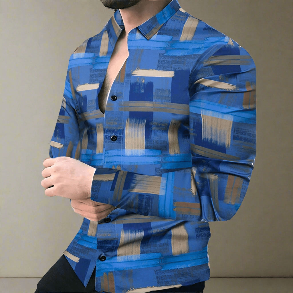 Men's Slim-Fit Long-Sleeved Top, Button-Down Shirt Print Design Outfit