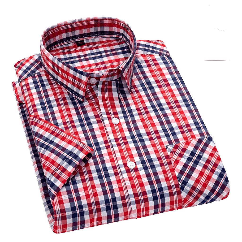 Men's Stylish Cotton Short-Sleeve Casual Button-Up Gingham Dress Shirt